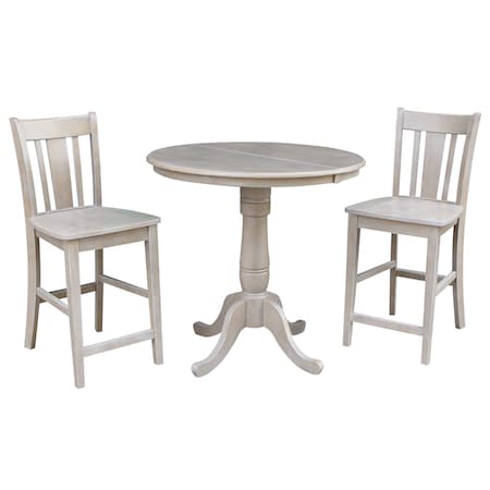 International Concepts Round 36 in Rd Extend Dining Table 34.9 inH, 2 San Remo Stools, Gray Taupe, 36 W, 48 L, 34.9 in H K09-36RXT-S102-2